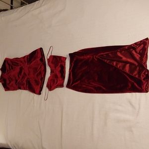 Vananh Scarlet Medium Red Velvet Skirt Vest Top Three Piece Outfit